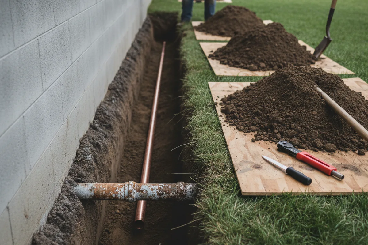 Excavated water line trench during Water Softener Installation in Block Island